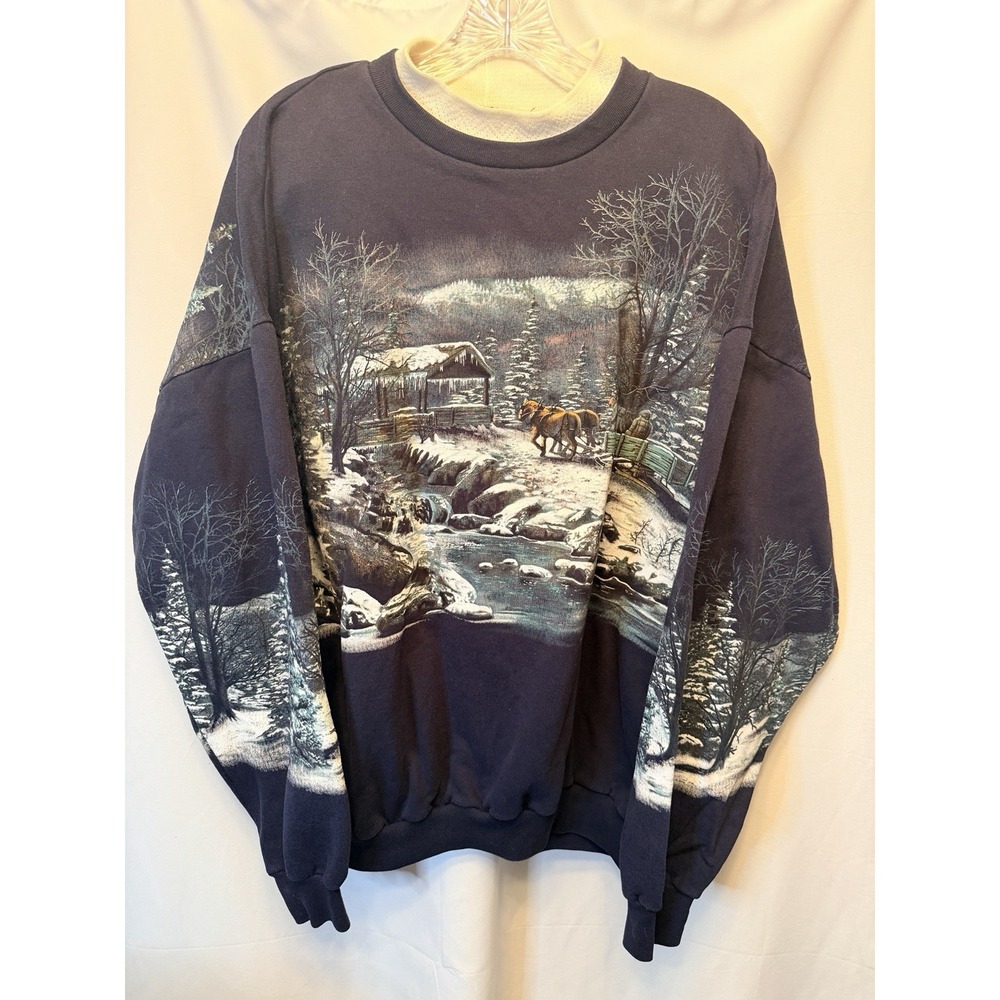 Vintage 90s Art Unlimited Size 2XL Sweatshirt All Over Print Deer Forest Navy